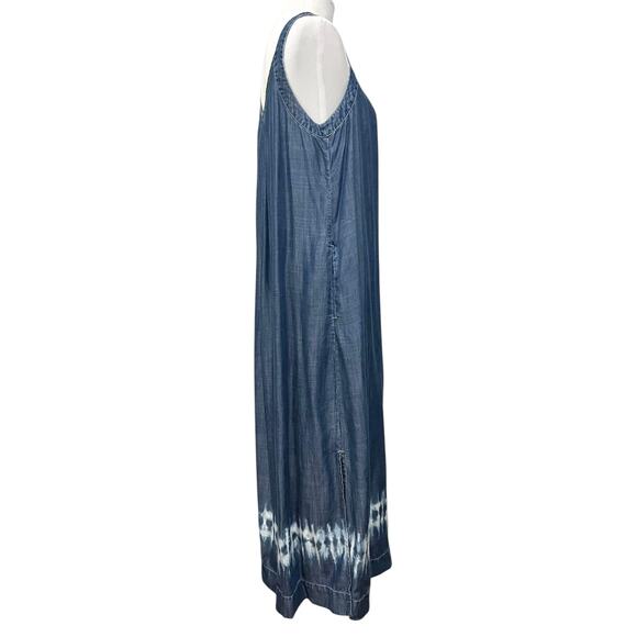 Chico's Chambray Blue Tencel Maxi Long Tank Dress Tie Dye Hem Pockets Sz M (2) - Picture 11 of 13